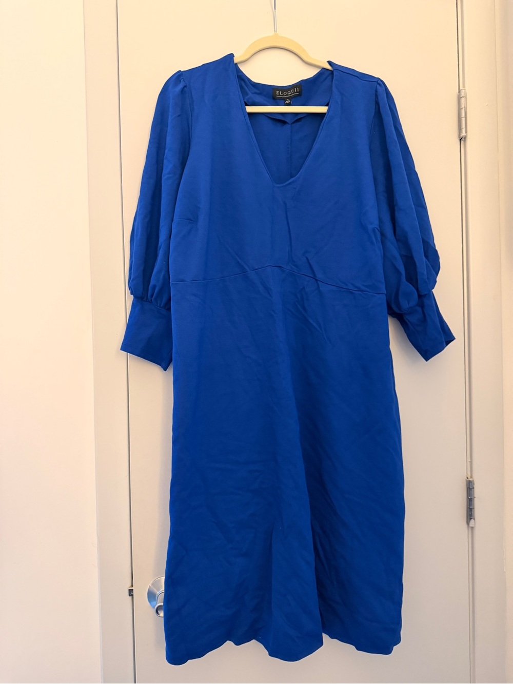 Eloquii Cobalt V-Neck Dress with Puff Sleeves